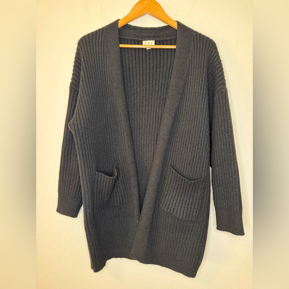 POL Women's Cozy Black Ribbed Cardigan Front Pockets